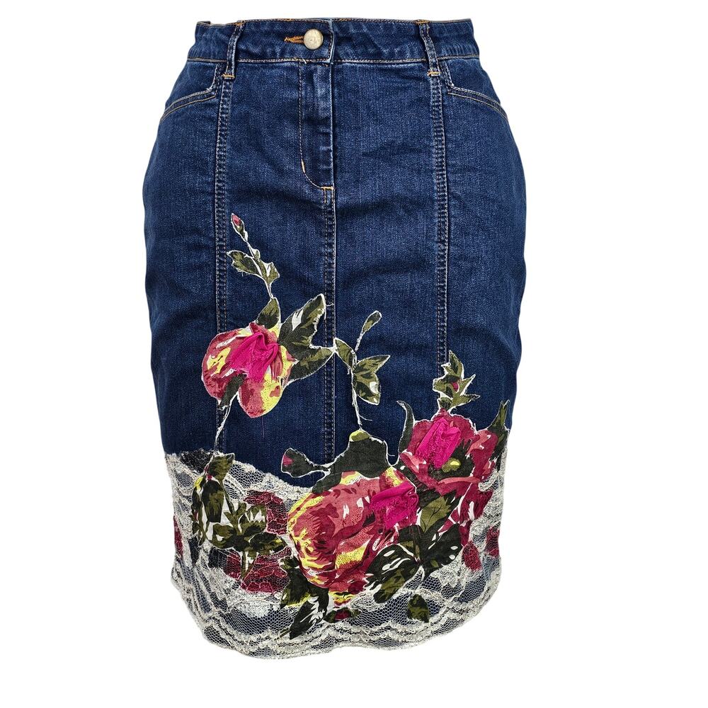 Monroe and Main denim floral lace pencil skirt boho funky colorful hippie S
